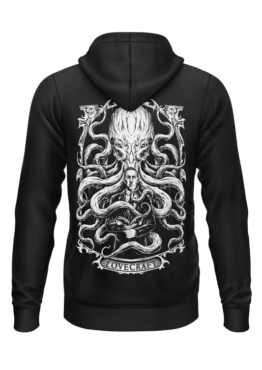 Schwarzes Kapuzensweatshirt mit weißem Cthulhu-Motiv von H.P. Lovecraft.