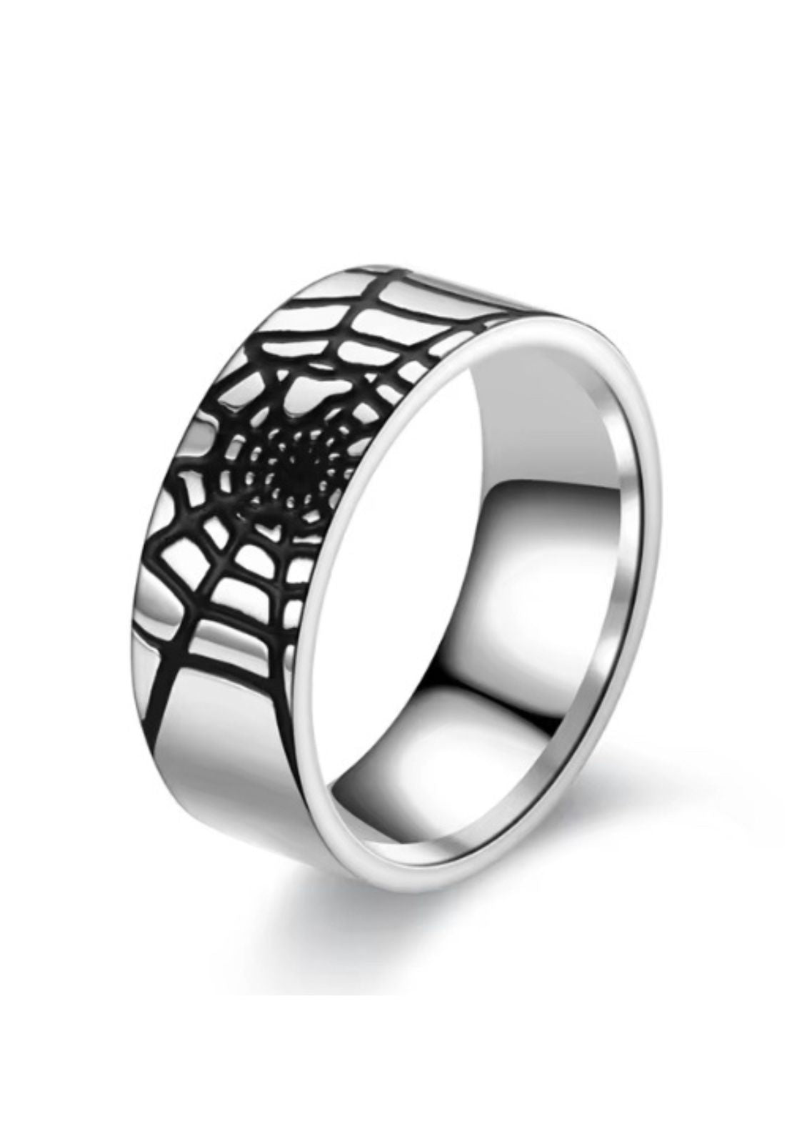 Silberfarbener Bandring mit schwarzem Spinnennetzdesign.