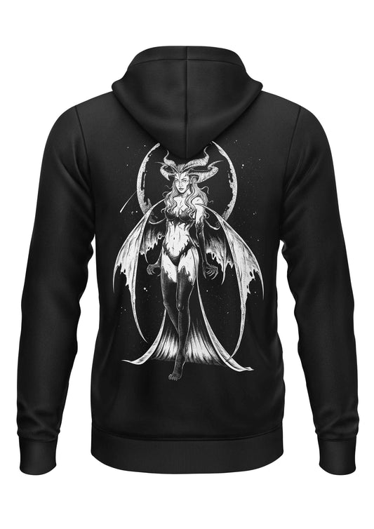 Schwarzer Kapuzenpulli mit Reißverschluss und weißer Grafik einer geflügelten Figur und einer Mondsichel, inspiriert von Fantasy oder Mythologie.