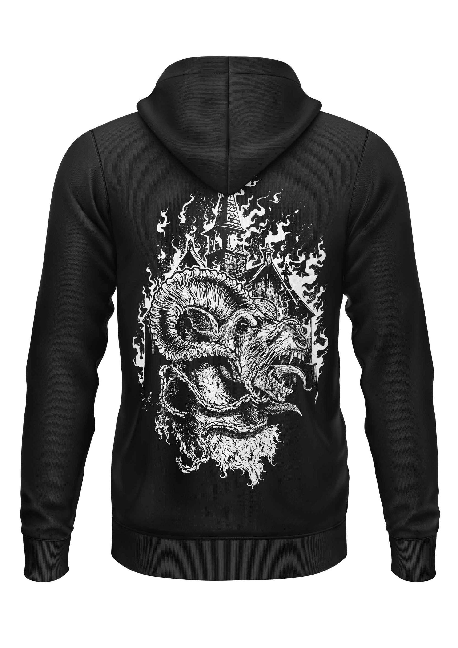 Schwarzer Kapuzenpulli mit Reißverschluss und Drachenmotiv auf dem Rücken.