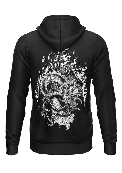 Schwarzer Kapuzenpulli mit Reißverschluss und Drachenmotiv auf dem Rücken.