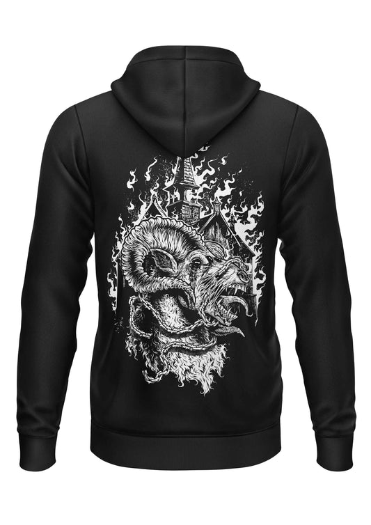 Schwarzer Kapuzenpulli mit Reißverschluss und Drachenmotiv auf dem Rücken.