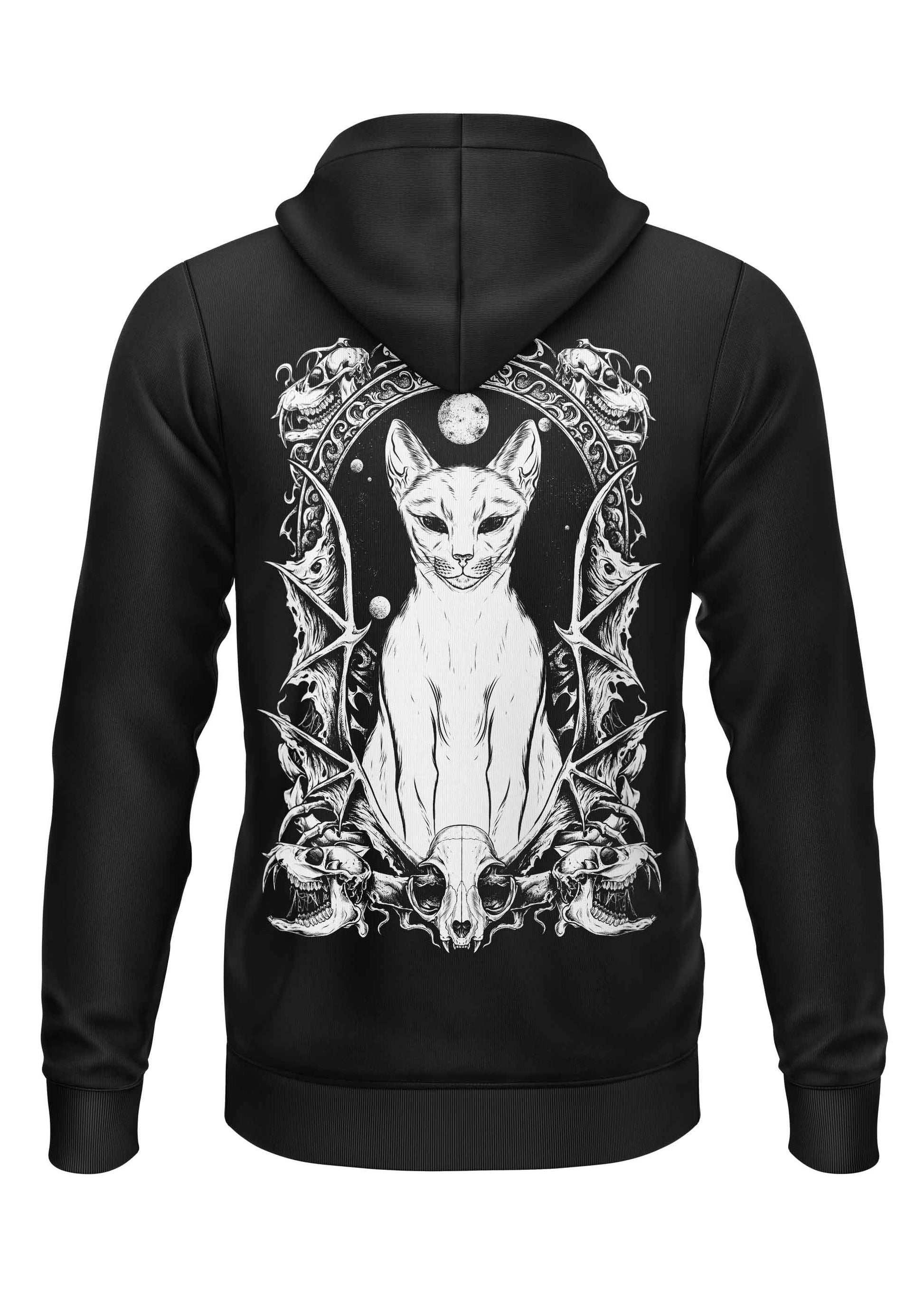 Schwarzer Kapuzenpullover mit Reißverschluss und weißem Katzenmotiv und Totenköpfen