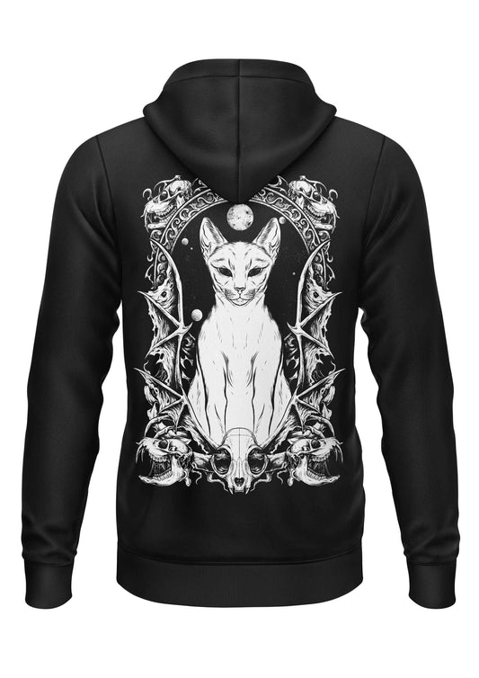 Schwarzer Kapuzenpullover mit Reißverschluss und weißem Katzenmotiv und Totenköpfen